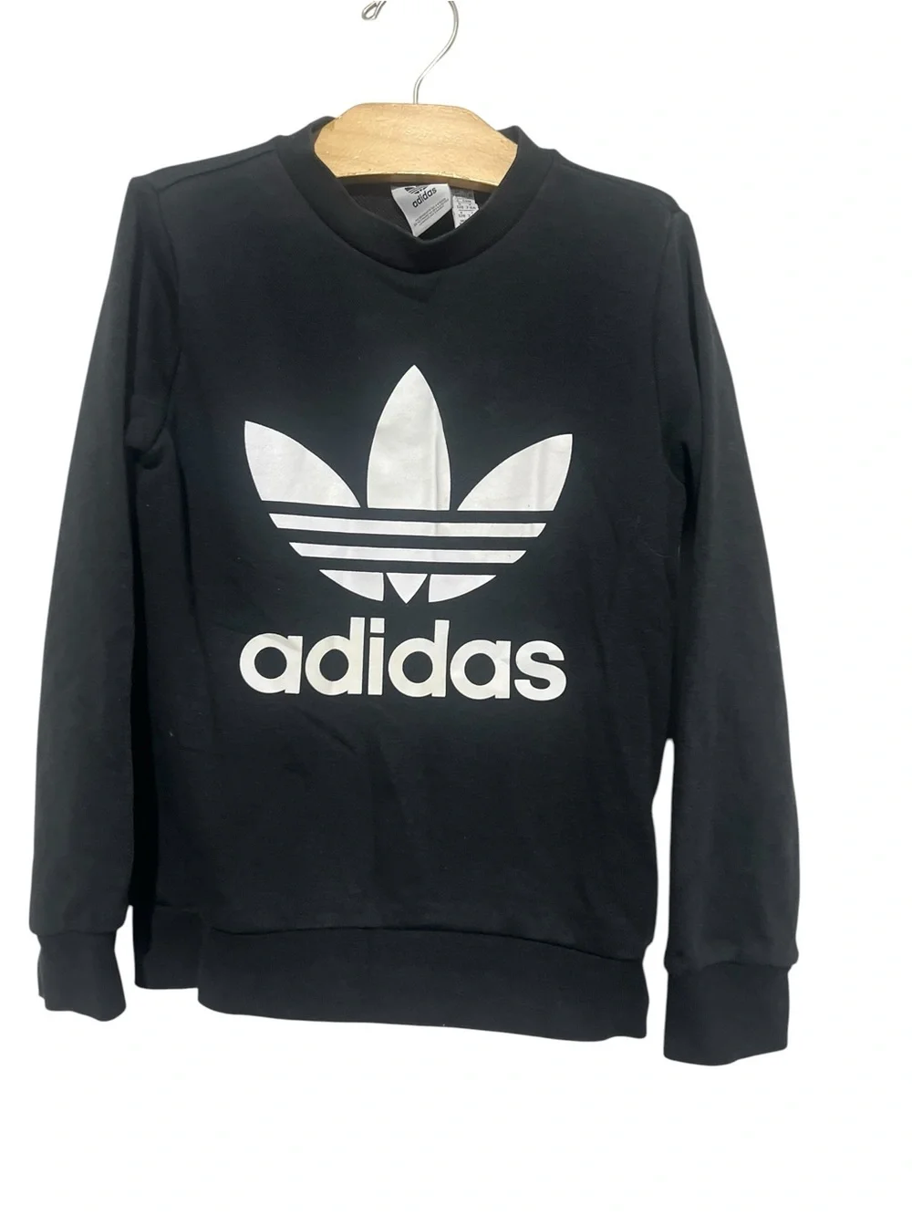 adidas Black Crew Sweatshirt with White Trefoil Logo Kids 7-8